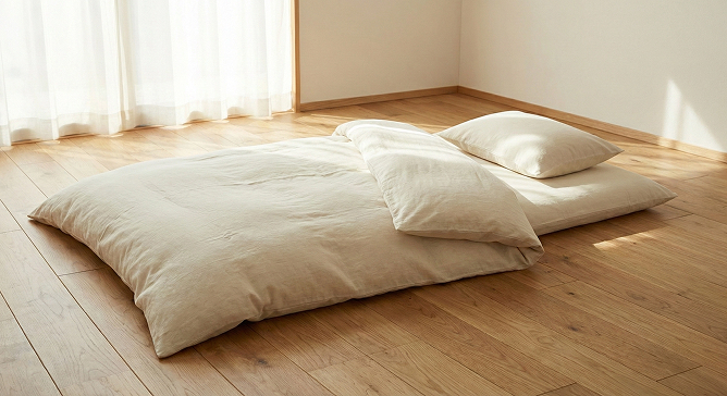 部屋に敷かれた布団の画像